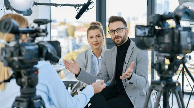 Two presenters speaking during filmed interview, media production and television content recording with cameras and microphones