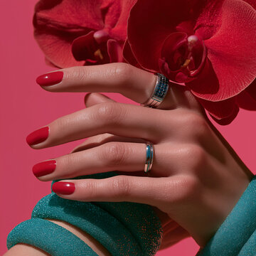 Hands with glossy red nails displaying silver and blue rings among red flowers. Ideal for jewelry campaigns, beauty editorials, and luxury accessory advertising.
