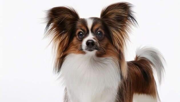 elegant papillon dog standing gracefully on white background showcasing its distinctive features