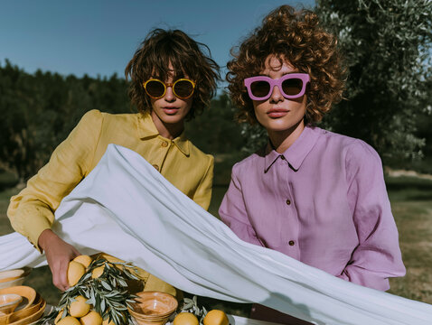 Two women in yellow and lavender shirts wearing colorful sunglasses by a picnic table. Perfect for summer lifestyle, hospitality, fashion, and food campaigns.