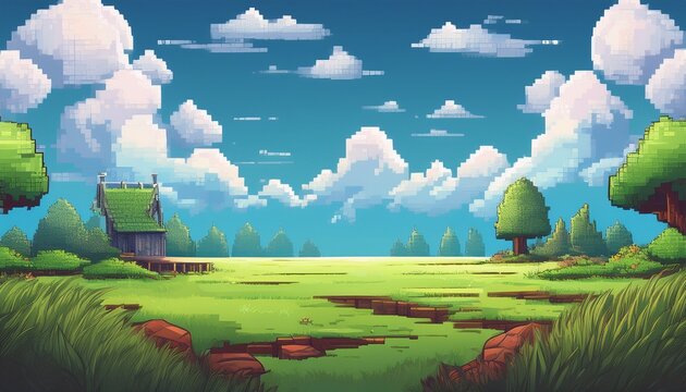 game location with grass and clouds in pixel art style