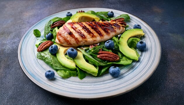 grilled chicken breast fillet and fresh vegetable salad of lettuce arugula spinach avocado onion and pecan nut with blueberry summer salad healthy eating fresh healthy food