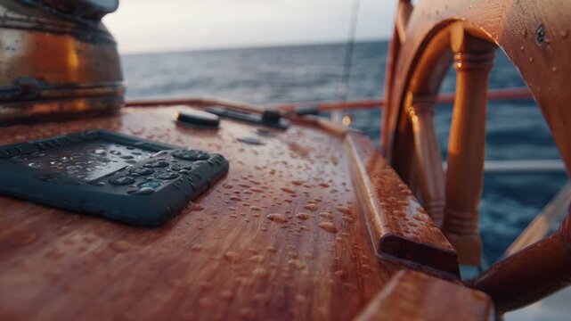 Wet details of the expeditional sailing vessel moving in the open ocean