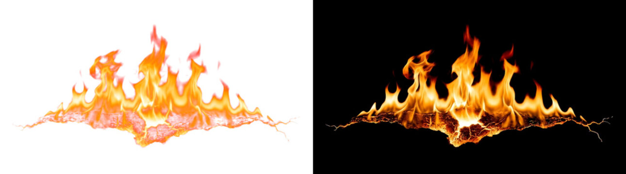 Molten fissure underline thickening at center with erupting flames, burning effect cutout with real transparency