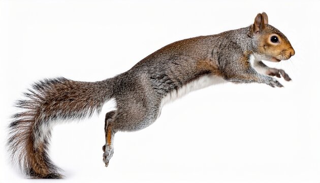 jumping grey brown squirrel isolated on white or white background