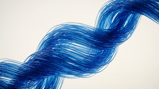 Close-up of Blue Synthetic Hair Strand with Curled Texture and Bright Lighting