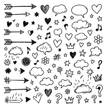 Сollection of various black doodle elements, manga-style illustration pictogram icon set. JPEG version.