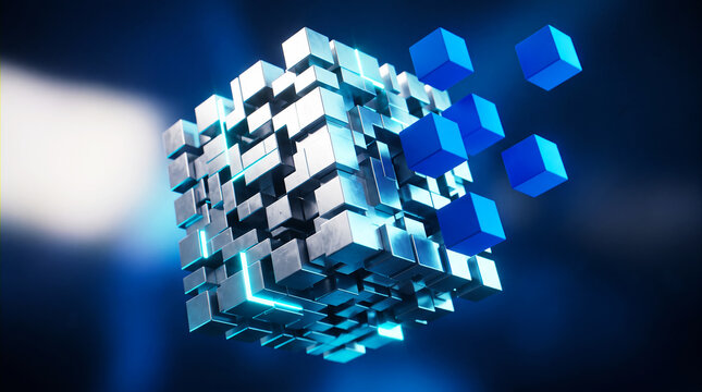 Abstract 3D Cube Structure Dissolving into Blue Cubes with Glowing Neon Lights