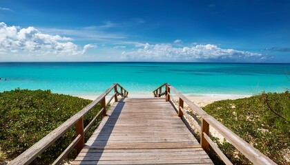 Fototapeta premium Wooden Boardwalk Leading To Tranquil Turquoise Ocean Beach