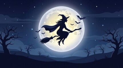 Fototapeta premium Silhouette of a witch flying on a broomstick across a full moonlit night sky with bats and spooky trees for halloween background