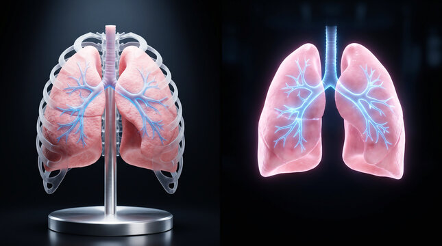 Close-up of Human Lungs with Bronchial Tree in Bright Pink and Blue Colors, Medical Illustration