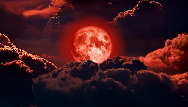 red moon surrounded by dark clouds at night