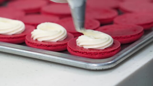 Close-up footage of a pastry chef using a piping bag with a star tip to squeeze white buttercream frosting onto bright red macaron shells arranged on a metal baking tray. Fresh strawberries are blurre