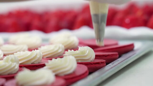 A professional pastry chef uses a confectionery piping bag to squeeze perfect swirls of white buttercream frosting onto vibrant red velvet macaron shells on a baking sheet.