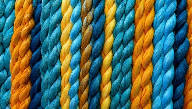 Close Up Of Colorful Braided Rope Texture In Blue Teal Mustard And Orange Vertical Strips