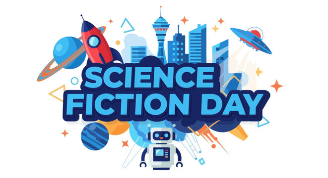 A seamless pattern science fiction day celebration graphic with robot and rocket