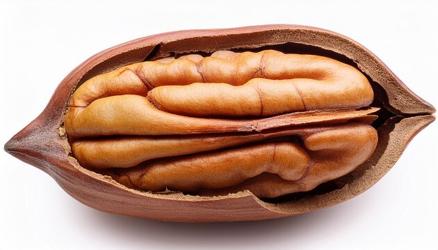 top view realistic pecan nut with shell isolated on white background