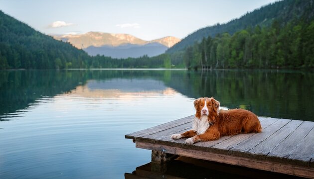 A Nova Scotia Duck Tolling Retriever Lies On A Rustic Wooden Pier Beside A Calm Mountain Lake Relaxed Outdoor Lifestyle Scene With Peaceful Natural Surroundings