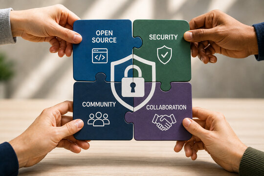 Open source security and software collaboration concept with puzzle pieces