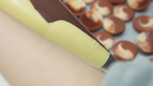Close-up shot of a pastry chef using a plastic piping bag with a metal nozzle to precisely fill small, golden-brown baked tart shells with smooth yellow custard cream.