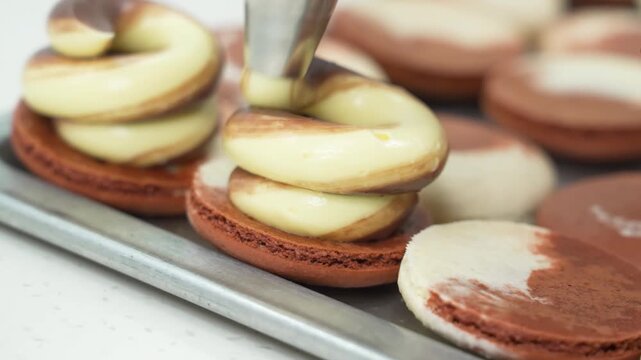 Close-up footage of a pastry chef using a piping bag to add a dual-color swirl of cream filling onto freshly baked chocolate and vanilla macaron shells arranged on a baking sheet.