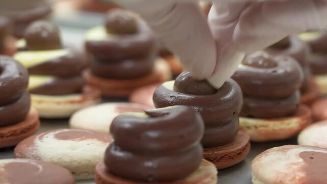 close-up shot capturing the precise process of baking traditional French desserts. Thick chocolate cream or ganache is neatly piped onto freshly baked macaron halves arranged on trays, finished with a