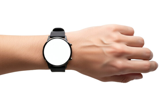 Close up view of a human wrist wearing a modern black smartwatch displaying a blank white screen ready for custom interface design&nbsp;