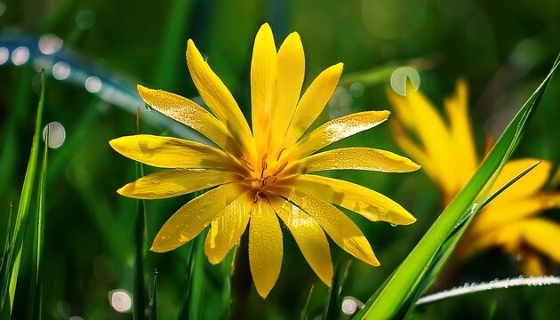 Yellow Flower Of Gagea Lutea Known As The Yellow Star Of Bethlehem With Water Drops On Green Grass Background Close Up