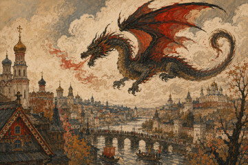 Fototapeta premium Slavic Dragon Flying Over Medieval Russian City in Vintage Folklore Illustration