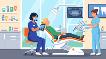 Fototapeta premium This illustration depicts a dental care session, showing two dental practitioners attending to a patient, showcasing care, professionalism, and the importance of oral health.