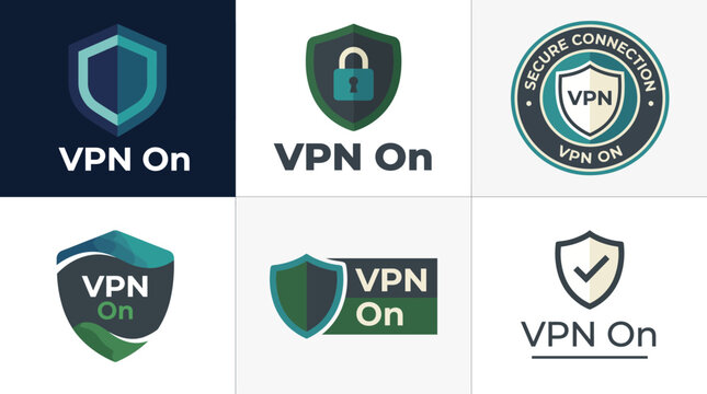 This image showcases a series of security shield logos with 'VPN On,' designed to promote online privacy and security, perfect for tech-related projects and digital marketing campaigns.