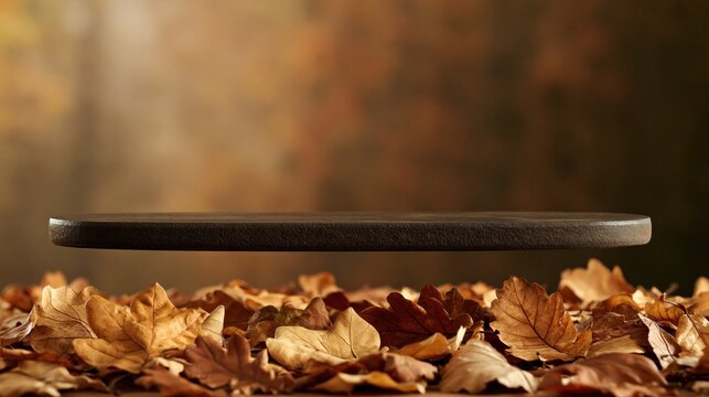 Steel beam hovering above dry autumn leaves in a minimalist concept scene with warm tones and shallow depth of field.