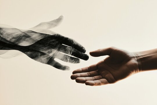 Abstract hands reaching toward each other on a beige background, one monochrome and one skin tone, symbolizing connection, support, and cooperation.