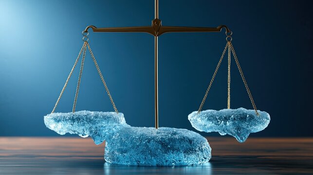 Melting ice balance scale under spotlight symbolizes justice inequality climate change and fragile fairness on a dark blue background.