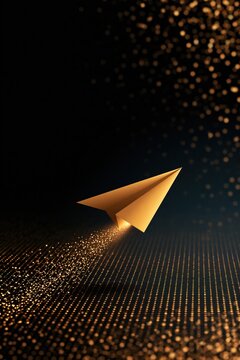 Paper airplane flies over glowing grid with gold particles on a dark background, symbolizing business growth and launch.