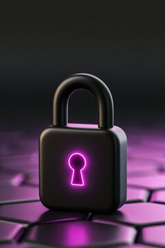 Black padlock with neon magenta keyhole on a dark reflective surface for security, access, and protection concepts.