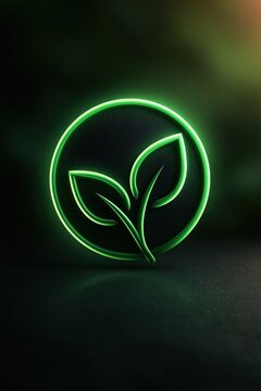 Glowing leaf globe icon on a dark background with green neon lines and a minimalist sustainable business concept for Earth Day branding.
