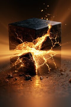 Cracked black cube reveals glowing golden light and flying sparks on a dark reflective surface, creating a luxury retail concept for Black Friday promotion.
