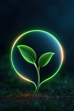Seedling with two green leaves growing inside a glowing circular globe line on a dark background, symbolizing sustainability and Earth Day.