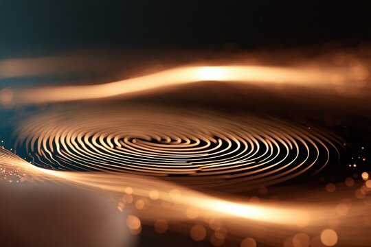 Fingerprint pattern with glowing gold lines on a dark background for biometric authentication, security, privacy, and identity verification.