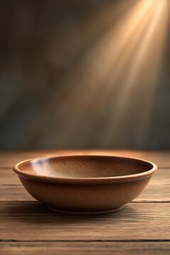 Empty bowl on a wooden table under a warm spotlight, simple still life for food bank, hunger, and charity concepts.
