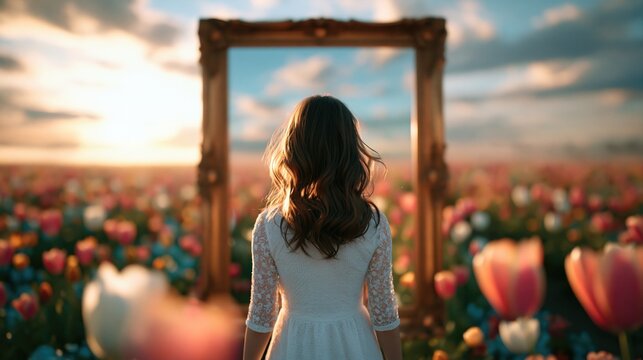 Future vision concept for woman's day open to new possibilities and perspectives March 8 theme with a young woman looking through a golden picture frame in a tulip field at sunset