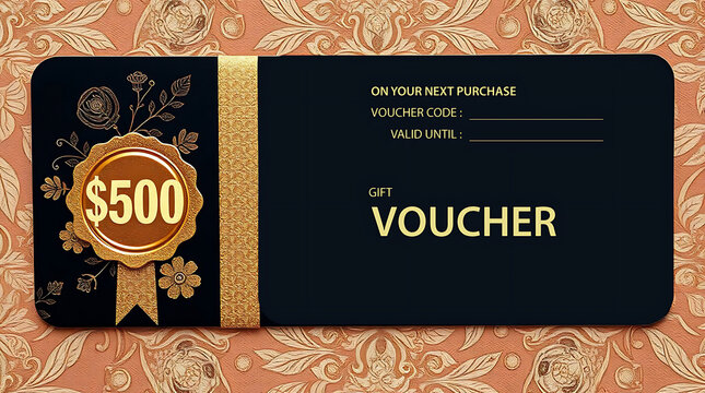 Elegant $500 gift voucher with gold ribbon and floral embellishments on ornate textured background