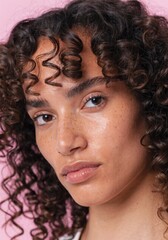 Fototapeta premium Portrait of Woman with Curly Hair Against Soft Pink Background