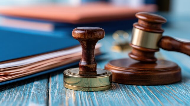 Gavel and wooden block signaling verdict, polished mahogany gavel resting on brass sound block on weathered teal wood table, shallow depth of field with soft warm lighting, legal documents blurred