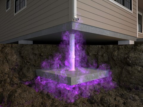 Radon gas emanating from the ground, visualized with purple smoke, seeps into a residential building's foundation, highlighting a potential environmental hazard and the need for mitigation.