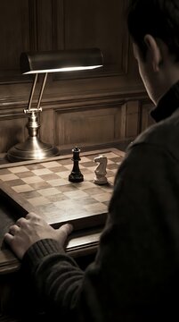 Person playing chess at wooden desk under brass lamp in dark study
