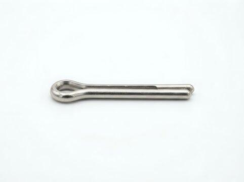 Metal cotter pin with split end on white background, used for fastening and securing mechanical components in industrial applications.