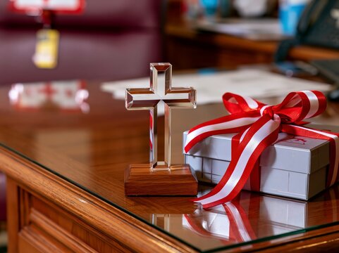 A crystal cross with a wooden base rests beside a gift box adorned with a red and white ribbon, symbolizing faith and thoughtful giving on a polished wooden surface.