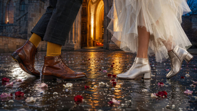 Unconventional Newlyweds Dancing Outside a Church After Rain at Blue Hour